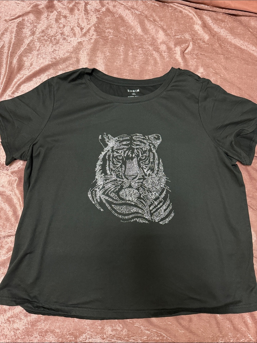 SHEIN Black Tee with Silver Rhinestone Tiger